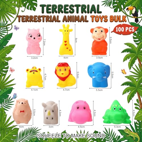 Poen 100 Pcs Rubber Bath Toys Bulk Cute Wild Animal Bathtub Toys Floating Squeaky for Birthday Summer Pool Party Favors Baby Shower Classroom Rewards Carnival Prizes, 10 Styles - style: Wild Animal