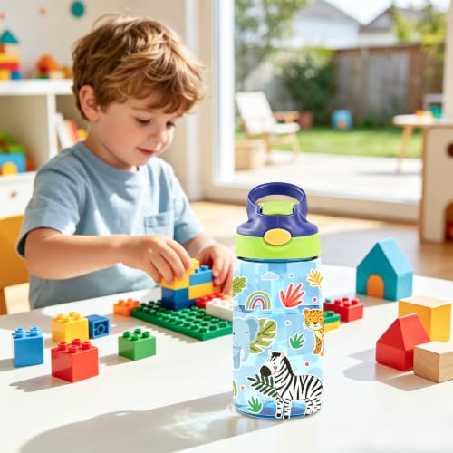 Kids Plastic Water Bottle - Jungle Animal Water Bottle for Kids, 14oz Plastic Water Bottles with Straw Lid, Leakproof BPA-Free Fun Animal Water Bottles for Home Sports Travel, Pop-Up Straw Cover, Blue - color: Jungle Animals