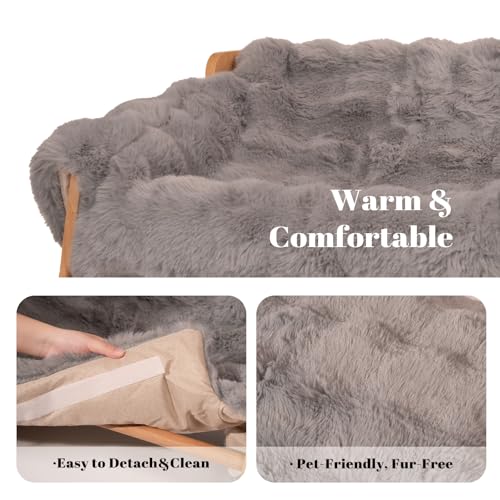 Elevated Cat Couch Bed Wooden Raised Kitty Sofa Lounge Chair | Washable Fluffy Cover Wooden Elevated Pet Furniture for Indoor Cats and Puppy(Dark Grey) - color: Cat Sofa-Dark Grey(Blue)