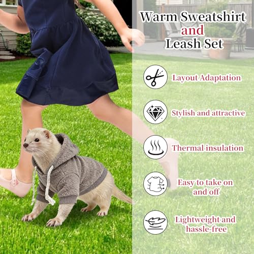 Ferret Clothes and Leash Set, Warm Hoodie Sweater with Harness and Leash for Outdoor Walking, Cozy Wear for Ferrets, Chinchillas, Small Pets, Adjustable Small Pet Outfits (Grey) - color: Grey