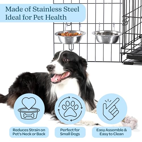 Set of 2 Stainless-Steel Dog Bowls - Cage, Kennel, and Crate Hanging Pet Bowls for Food and Water - 8oz Each and Dishwasher Safe by PETMAKER, Silver