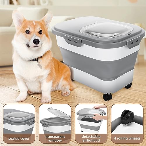 Dog Food Storage Container 17 lb, Airtight Pet Food Storage Containers with Wheels & Removable Sealed Lid, Collapsible Cat Food Containers Dry Food with Scoop and Measuring Cups - color: Gray & White