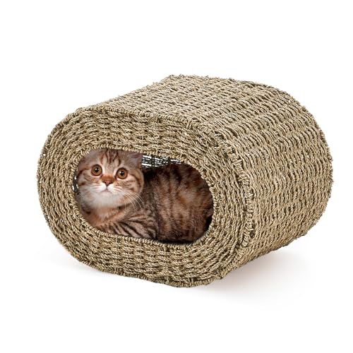 Cat House,Handwoven Cat Cave Pet Cube, Natural Cat Beds Indoor Kitten House with Double-Sided Soft Cushions, Pet Cat House for Multiple Cats, for Living Room Bedroom - color: Seagrass
