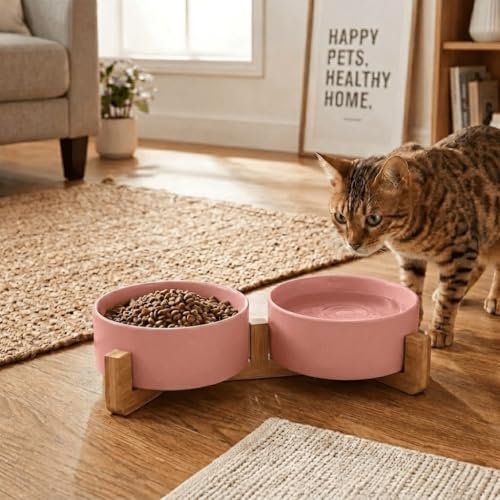 SPUNKYJUNKY Ceramic Dog and Cat Bowl with Wood Stand Non-Slip Matte Glaze Weighted Food Water Set for Cats &Small Dogs 13.5 OZ - color: Pink × 2, size: 1.7 cups