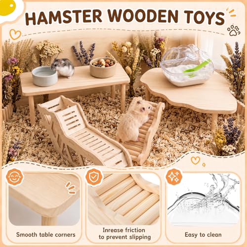 Qunclay 5 Pcs Hamster Wooden Platform Hideout Tunnels Climbing Ladder Toys with Hamster Bath Container Exploring Decor Cage Accessories for Small Animal Dwarf Syrian Mice Degus Gerbils - style: Cute