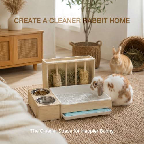 Rabbit Litter Box with Detachable Hay Feeder,Urine Separation Litter Box | Urine Separation Litter Box Keep Clean, Bunny Hay Feeder with Loofah Less Mess for Guinea Pigs, Chinchillas, Hamsters Rabbits