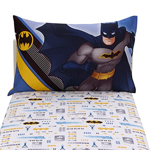 Warner Brothers Batman The Caped Crusader Blue, Gray, and Yellow Bat-Signal and Batmobile 2 Piece Toddler Sheet Set - Fitted Bottom Sheet and Reversible Pillowcase - color: Batman the Caped Crusader