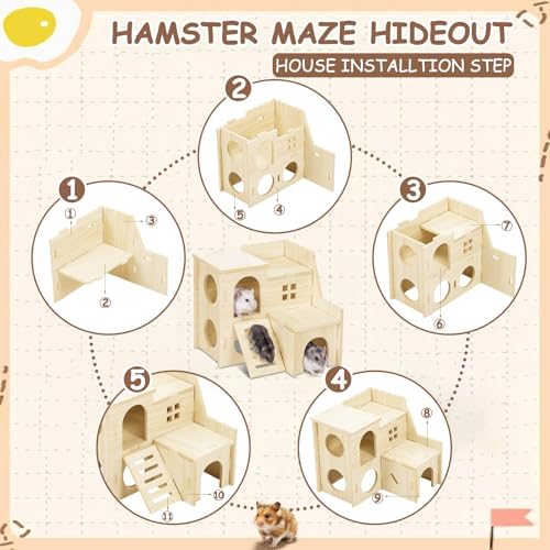 BreezeHug 4 Pcs Hamster Cage Accessories Hamster Platform Hideout Wooden Tunnel Ladder Playhouse Game Climbing Toy with Platform for Pets Dwarf Syrian Mice Degus Gerbils Squirrel(Spy Villa) - style: Spy Villa