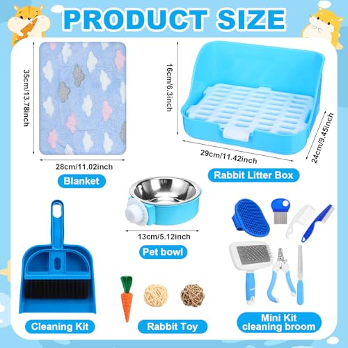 Reallnaive 15 Pcs Rabbit Starter Kit Small Rabbit Litter Box Girls Gift Animal Grooming Kit Bunny Toys Bowl Blankets with Cleaning Set for Guinea Pig Accessories(Light Blue) - color: Light Blue