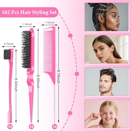 NICEMOVIC 102 Piece Edge Brush Bulk Set with 34pcs Teasing Brushes, 34pcs Rat Tail Combs, and 34pcs Edge Brushes for Women and Girls - Pink