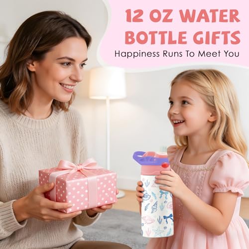Ocean Bow 12 oz Water Bottle with Straw – Kids Stainless Steel Vacuum Insulated Cup, Leakproof Pop-Up Spout, Reusable Travel Mug for Boys and Girls Outdoor Sports - color: Seashell1