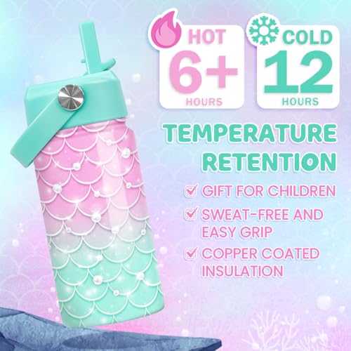SANDJEST Mermaid Water Bottle - Kids Water Bottle with Straw Lid - 12 Oz Insulated Stainless Steel Water Bottles for Kid Girl - Travel Cup for School Sports - color: Mermaid 1