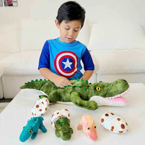 Alligator Stuffed Animal with 3 Babies, 23.6" Wild Aniaml Plush | 7Pcs Alligator Plush Family; Mommy Crocodile, 3 Babies & 3 Eggs; Zipper Belly Pretend Play; Birthday Christmas Gift for Kids - style: Alligator Green
