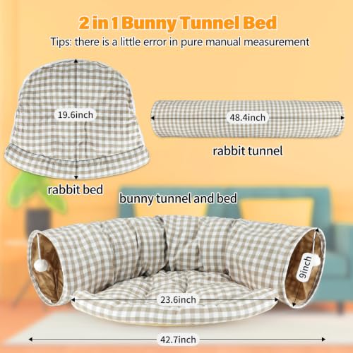 BWOGUE Bunny Tunnel Bed, 2-in-1 Collapsible Tunnel Tubes Toys with Removable Mat Hideout for Cats Kittens Rabbits Guinea Pigs Kitty - color: YellowPlaid
