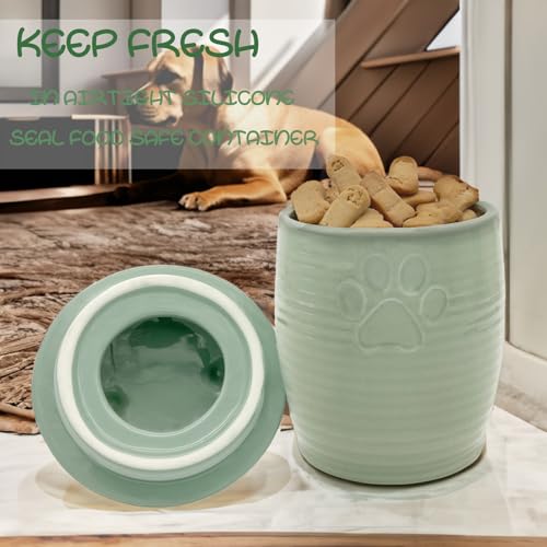 Large Dog Treat Container Airtight, Cute Dog Treat Jar with Lids,Rustic Dog Treat Storage Container, Ceramic Cat Food Jars for Kitchen Counter, Green | Large Capacity Doggie Cookie Jar for Countertop, Airtight Lid Keep Food Fresh, Sturdy Durable, Cute Paw