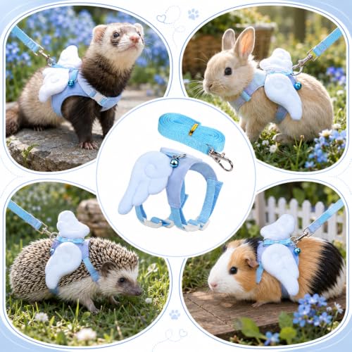 Small Animal Harness and Leash Set Escape Proof Ferret Harness Vest | Adjustable,Angel Wing Shape,Soft Leash Set,with Safe Bell for Ferret Baby,Rabbit,Guinea Pig,Teacup,Chihuahua,Mouse Small Pet