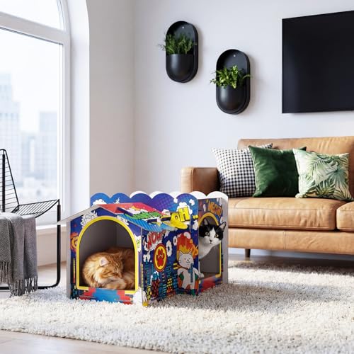 Lineshading 2 Story Cardboard Cat House with Scratcher Pad, Multi Level Durable Cat Scratcher House for Small Kitten Bunny Rabbit Animals Christmas Birthday Gift(17x12x10,Hero) - style: Hero