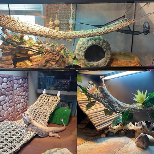 Tfwadmx 2 Pack Large Bearded Dragon Hammock,30"x7"Lizard Climbing Lounger,Natural Seagrass Reptile Hammocks Tank Accessories with Flexible Vines Jungle Leaves Decor for Geckos Snakes Chameleon