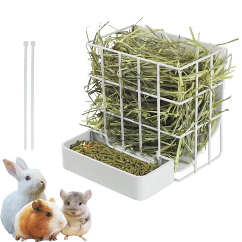 Rabbit Hay Feeder Guinea Pig Hay Feeder, Hay and Food Holder with Hook Heavy-Duty Metal Frame Hay Rack，for Bunny, Guinea Pigs,Chinchillas， Comes with Two Multifunctional Zippers-6.8x6.7x6.6inch - color: White, size: 1 piece Small