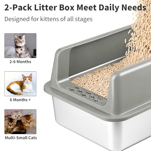 Kirecoo 2 Pack Medium Semi-Enclosed Stainless Steel Cat Litter Box with Lid | Scoop Included, Sturdy Metal Box, Anti-Leakage, Odor Free, Easy to Clean, For Cats Kittens & Bunnies, Multi-Cat Friendly - size: Medium