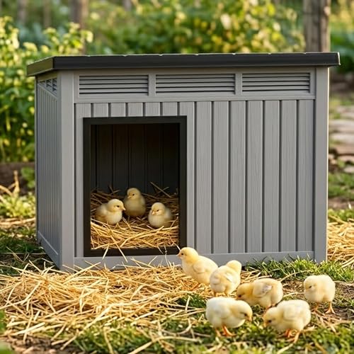 Weather Resistant Resin Chicken Nest Box with Lift Strut and Perimeter Drain Holes（Grey） - color: Grey&Black, size: 32.2"L x 25.1"W x 24.1"H