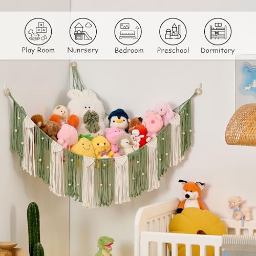 Stuffed Animal Hammock with Weaving Tassels and Beads Sage Green - color: Sage Green