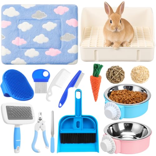 Reallnaive 15 Pcs Rabbit Starter Kit Small Rabbit Litter Box Girls Gift Animal Grooming Kit Bunny Toys Bowl Blankets with Cleaning Set for Guinea Pig Accessories(Cream White) - color: Cream White