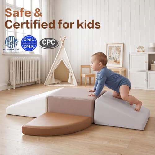 Sumbababy Toddler Climbing Toys Indoor 4 Piece Foam Climbing Blocks Wipe Clean Leather Soft Play Climbing Set for 1 Year Old Beginner Climber Nursery Playroom Neutral Tones - style: Gray/White
