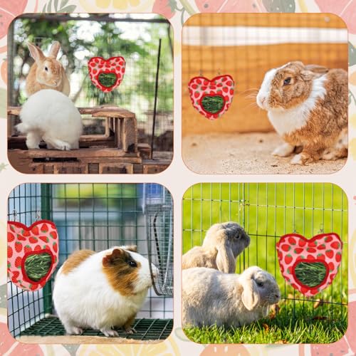 Rabbit Hay Feeder, 1 Hole Hanging Hay Bag for Rabbits Guinea Pig Bunny Chinchillas Washable Rabbit Hay Holder 10.6x11.8inch - color: heart strawberry
