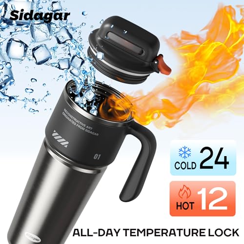 32 oz Insulated Tumbler with Push-button Lid and Handle, Black | 316L Stainless Steel, Leakproof Lid, Double-Wall Vacuum Insulation, Keeps Drinks Hot or Cold for Work, Travel & Daily Use - color: Black