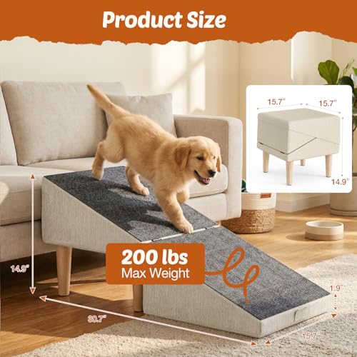 Foldable 15 Inch Dog Ramp, Ramply Split Ottoman with Detachable Washable Treads, 2-in-1 Folding Pet Ramps Stairs for Couch and Bed, Sturdy Ramp for Cats and Small to Medium Dogs - color: Khaki