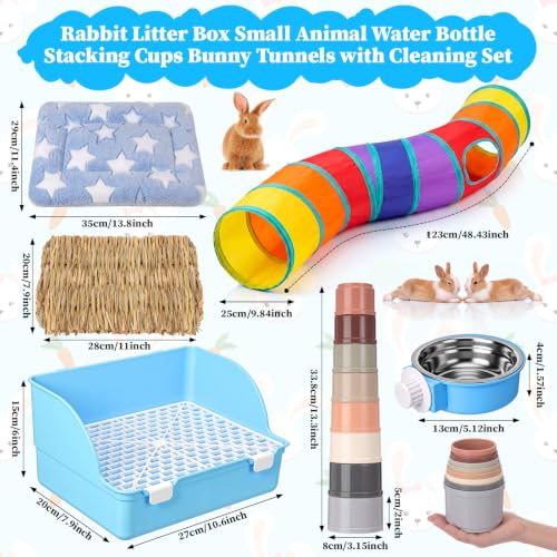 34 Pcs Rabbit Starter Kit Rabbit Litter Box Small Animal Water Bottle Cups Bunny Tunnels Animal Grooming Kit Bowl Blanket with Cleaning Set for Guinea Pig Bunny(Style 3,Light Blue) - color: Light Blue, style: Style 3