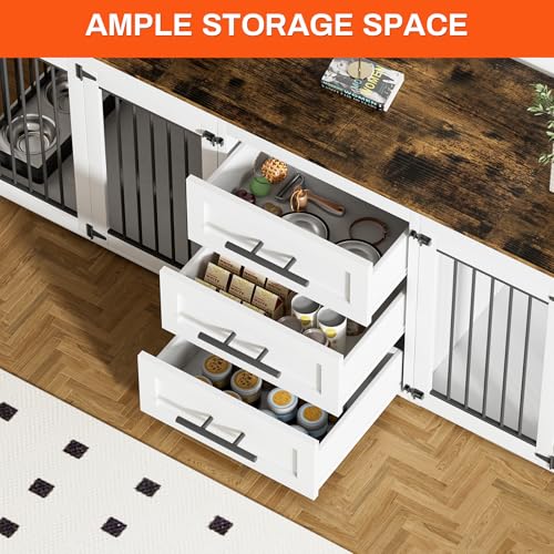 Rophefx 94.5" Dog Crate Furniture for 2 Dogs, Wooden Kennel,White Brown | Indoor double dog house with 3 storage drawers, 4 feeding bowls, lockable doors, and a wide top for large and medium dogs - color: White Brown