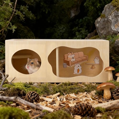2Pcs Hamster House and Tunnel, Wooden Exploring Tunnel with Ladder, Small Animal Playground Exploring Toys for Rats, Syrian Hamsters, Guinea Pig, Gerbils(Style3) - color: Style3