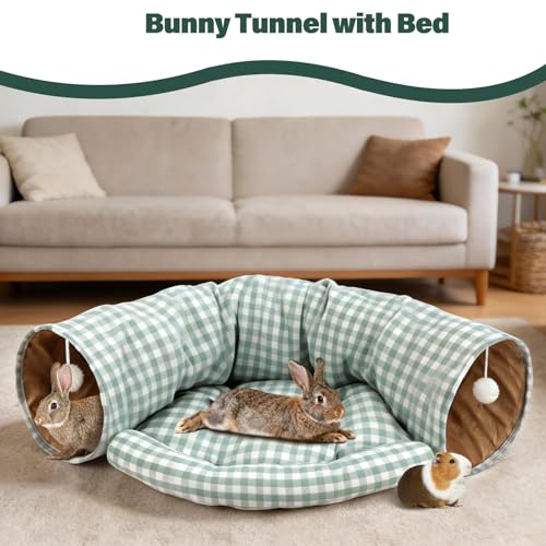 BWOGUE Bunny Tunnel Bed, 2-in-1Collapsible Rabbit Tunnel Hideout with Mat | Removable Mat for Washing, Ball Toy for Play, Tunnel Tubes for Hiding, GreenPlaid Soft Suede Fabric, Cats Rabbits Guinea Pigs - color: GreenPlaid