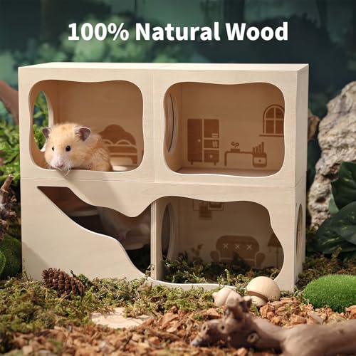 Marchul Magnetic Hamster Hideout Wooden House Chamber for Small Animals Pets Tunnel Exploring Toys for Dwarf Hamsters, Syrian, Gerbils, Hedgehogs, Rats, Mice (Living Room)