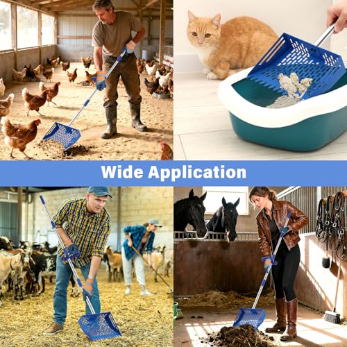 2-in-1 Chicken Poop Scooper & Rake, 10 Inch Chicken Coop Scoop with 37" to 65" Adjustable Stainless Steel Handle, Pooper Scooper Set with Gloves, Pet Farm Animal Waste Cleaning Tools (Blue) - color: Blue