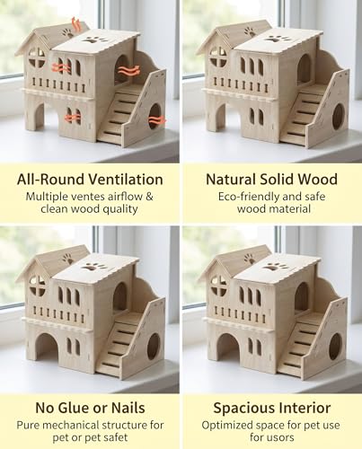 Large Wooden Hamster House & Gerbil Hideout – 8.5" Double-Decker Maze Hut with Slide, Multi-Level Small Animal Cage Accessory for Dwarf Hamsters, Mice, Rats, Gerbils﻿ - color: WOOD