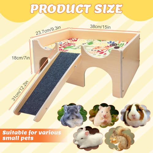Wooden Hamster House Hideout, Natural Wood Small Animal Hut with Stairs, Cute Hamster Cage Accessories Habitat for Hamsters, Guinea Pigs, Chinchillas, Gerbils, Rabbits, and Other Small Pets