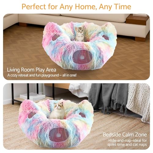 Cat Tunnel Bed, Collapsible Cat Tunnel with Washable Cushion,3-in-1 Multi-Functional Play Tunnel with Peek Holes & Ears, Indoor Playhouse for Cats Kittens Rabbits Small Dogs,Gift for Pet - color: Rainbow