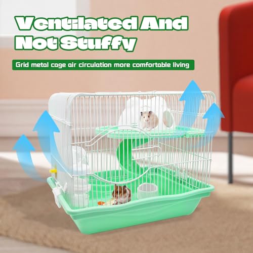 2-Tier Portable Hamster Cage and Habitats,Travel Metal Mouse Cages with Free Water Bottle,Houses and Exercise Wheel for Any Breed of Hamster and Small Animal (14.6x11.0x11.8inch Green) - color: 【Green】