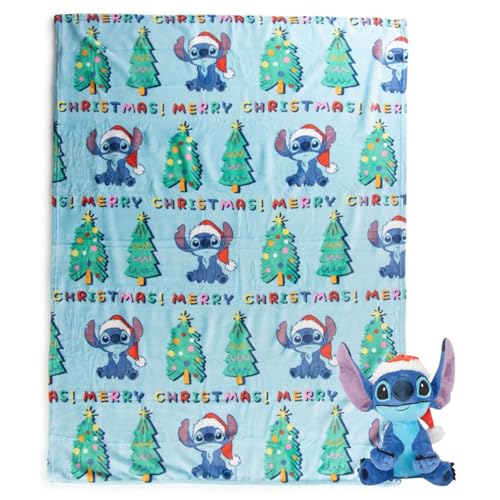 Jay Franco Kids Christmas Hugger Set – 12" Plush Pillow Buddy & 46" x 60" Fleece Throw Blanket, Ultra-Soft Bedding & Travel Set, Holiday Bedroom & Couch Décor, Blue - Stitch - color: Blue - Stitch