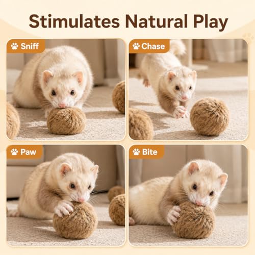 6PCS Furry Ferret Toy Ball, Soft Plush Small Pet Exercise Ball with Cotton Filling, Interactive Chew Toy for Ferrets, Rabbits, Hamsters, Cat, Relieve Boredom & Anxiety