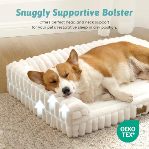 COZY KISS Ultra Soft Faux Rabbit Fur Dog Bed for Small Dogs – 30"x20" Orthopedic Foam Couch, Removable Washable Cover & Waterproof Lining, Cream