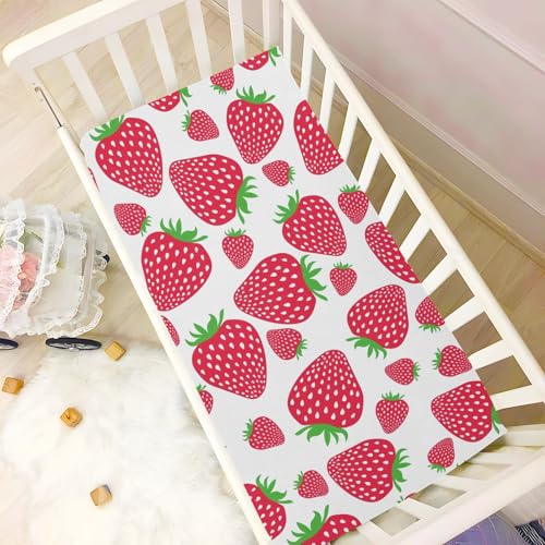 Pink Strawberries Baby Crib Sheets for Boys Girls 27x39 Inch | Cartoon Retro Kawaii Strawberry Pattern Playard Sheets Toddler Bed Sheets Cute Fruit Fitted Unisex Mini Crib Mattress Cover - color: Pink, size: 39*27*5 In