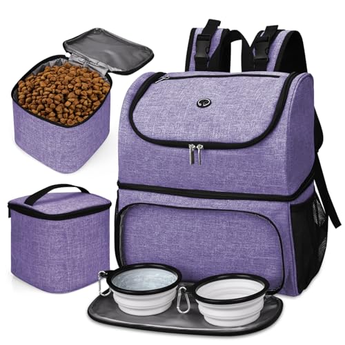 BAGLHER Pet Travel Bag, Double-Layer Pet Supplies Backpack (for All Pet Travel Supplies), Pet Travel Backpack with 2 Silicone Collapsible Bowls and 2 Food Baskets Purple - color: Purple