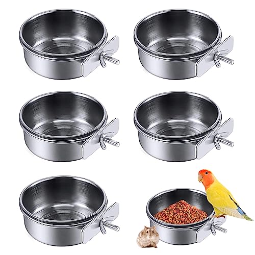 PINVNBY Parrot Feeding Cups Birds Food Dish Stainless Steel Parrot Feeders Water Cage Bowls with Clamp Holder for Cockatiel Conure Budgies Parakeet Macaw Small Animal Chinchilla Pack of 6