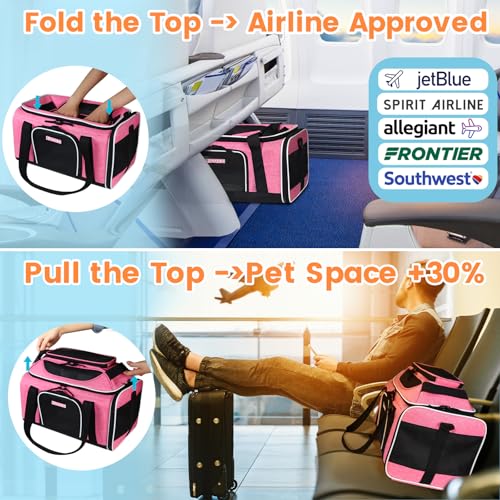 Top-Expandable Small Pet Carrier 17"x12"x8.5" Airline Approved | for JetBlue/Frontier/Spirit Airlines, Lockable Safety Zippers and Anti-Scratch Mesh, Soft-Sided, Pets Under 8 Lbs, Pink - color: Pink, size: 17.0"L x 12.0"W x 8.5"H