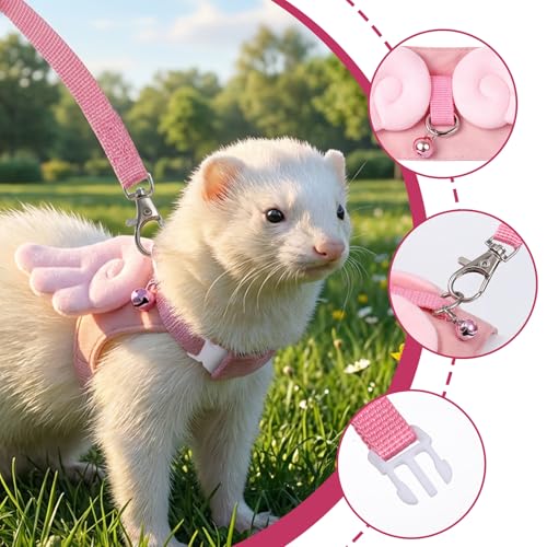 Ferret Harness and Leash Set Small Animals Vest Harness Soft-Harness Leash Vest Set with Bell Guinea Pig Clothes for Baby Ferret Rats Hamster Teacup Chihuahua Mouse Small Pet - color: Pink