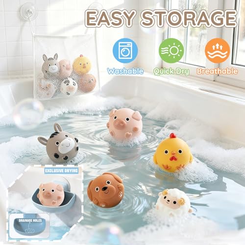 No-Hole Farm Animal Bath Toys for Kids Ages 1-3, Water Slide Toys | Bath Basketball Hoop, Fishing Net, Storage Bag, Toddlers Sealed Bathtub Toys, Shower Pool Play Set, Boys Girls Gifts